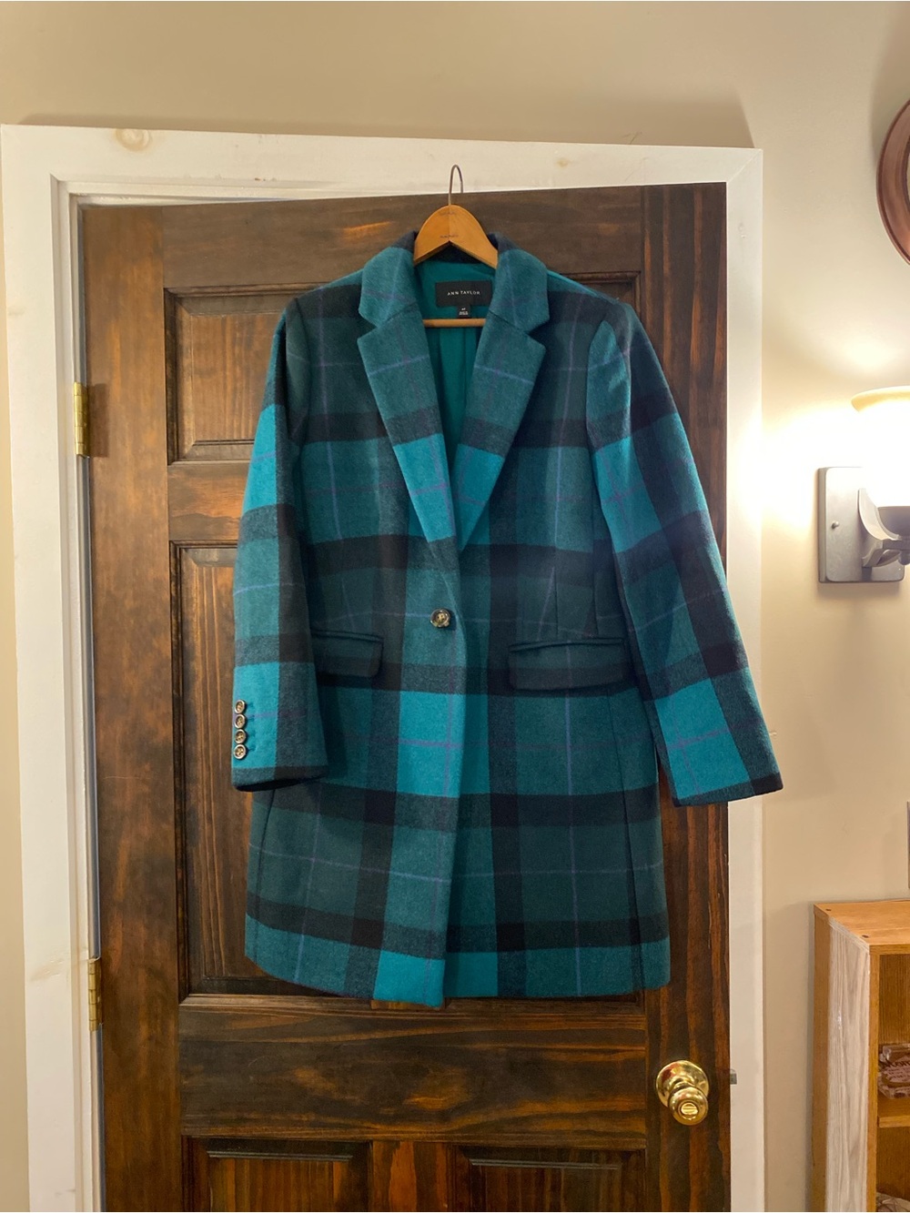 Ann Taylor Teal and Navy Plaid Single-Button Pea Coat